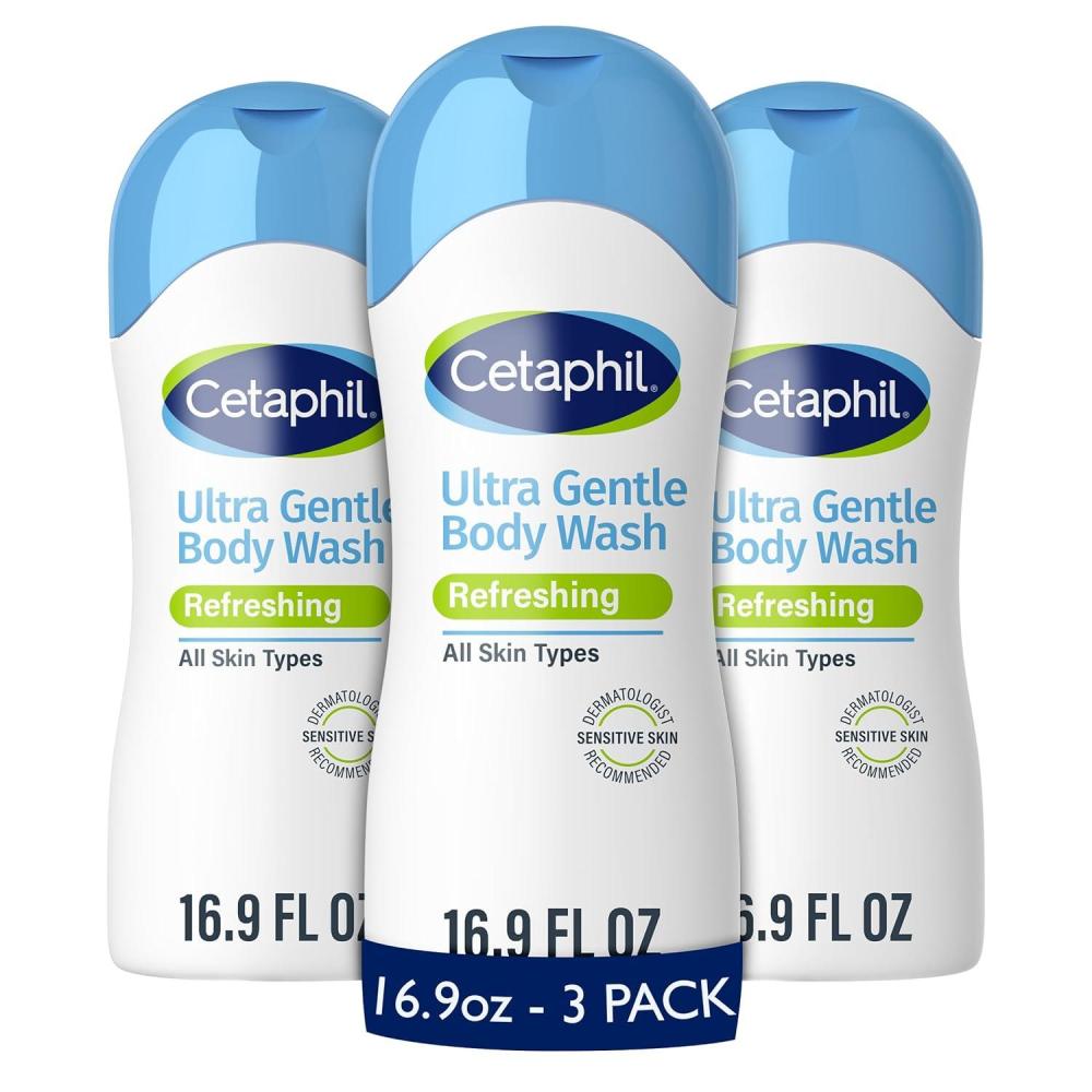 Cetaphil Ultra Gentle Refreshing Body Wash, Refreshing Scent For Dry to Normal, Sensitive Skin, 16.9oz Pack of 3, with Aloe Vera, Calendula, Vitamin B5, Hypoallergenic, Dermatologist Tested(16.9 Fl Oz (Pack of 3))