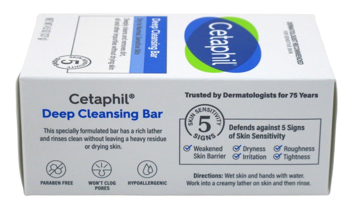 Cetaphil Bar Soap, Deep Cleansing Face and Body Bar, Pack of 6, For Dry to Normal, Sensitive Skin, Soap Free, Hypoallergenic, Paraben Free, Fragrance Free, Removes Makeup, Dirt and Oil(Deep Cleansing Pack of 6)