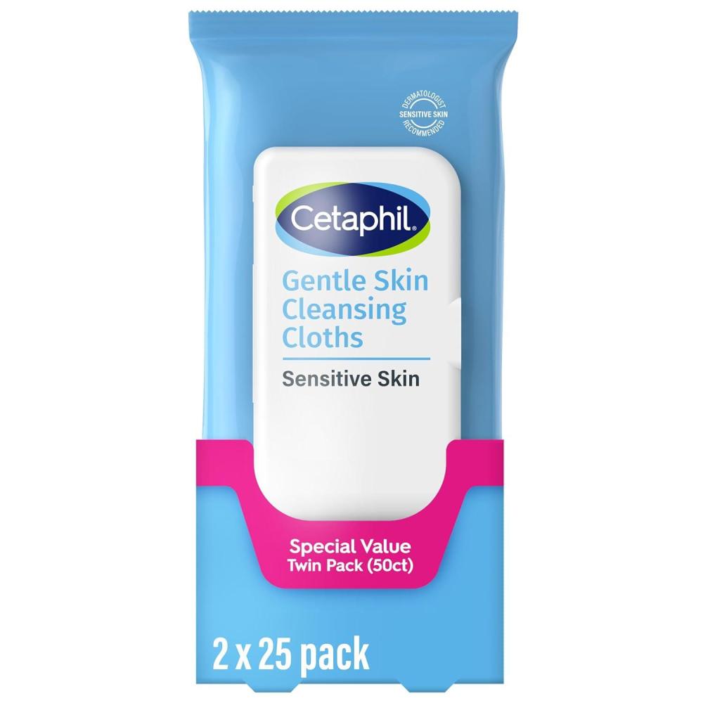 Cetaphil Face and Body Wipes, Gentle Skin Cleansing Cloths, 50 Count, Twin Pack, for Dry, Sensitive Skin, Flip Top Closure, Great for the Gym, Travel, in the Car, Hypoallergenic, Fragrance Free(25 Count (Pack of 2))