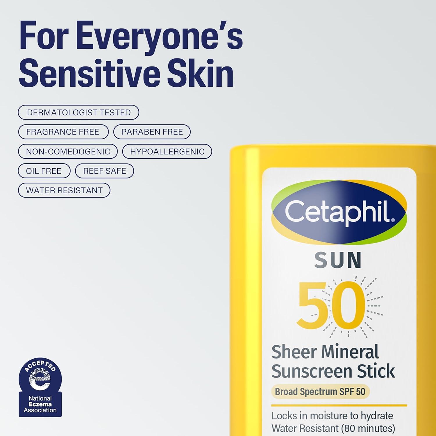 Cetaphil Sheer Mineral Sunscreen Stick for Face & Body, 0.5oz, 100% UVA/UVB Mineral Sunscreen: Zinc Oxide & Titanium Dioxide, Broad Spectrum SPF 50, For Sensitive Skin(SPF 50 Stick)
