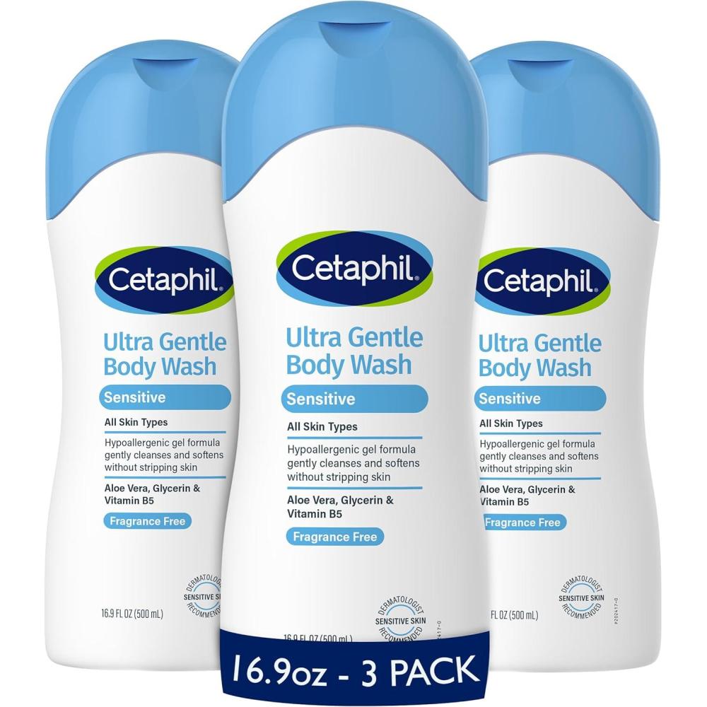 Cetaphil Ultra Gentle Body Wash, For Dry to Normal, Sensitive Skin, 16.9oz Pack of 3, Aloe Vera, Vitamin B5, Hypoallergenic, Paraben Free, Fragrance Free, Dermatologist Tested
