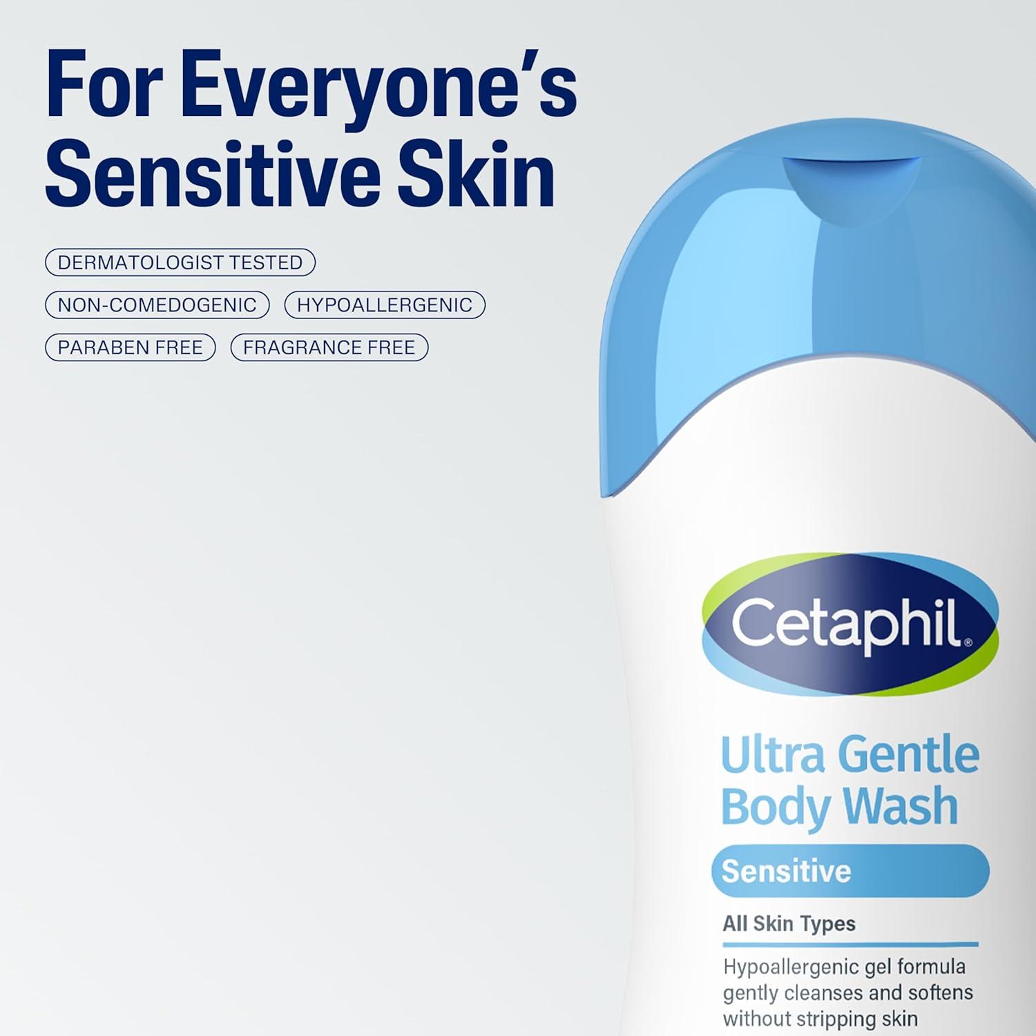 Cetaphil Ultra Gentle Body Wash, For Dry to Normal, Sensitive Skin, 16.9oz Pack of 3, Aloe Vera, Vitamin B5, Hypoallergenic, Paraben Free, Fragrance Free, Dermatologist Tested