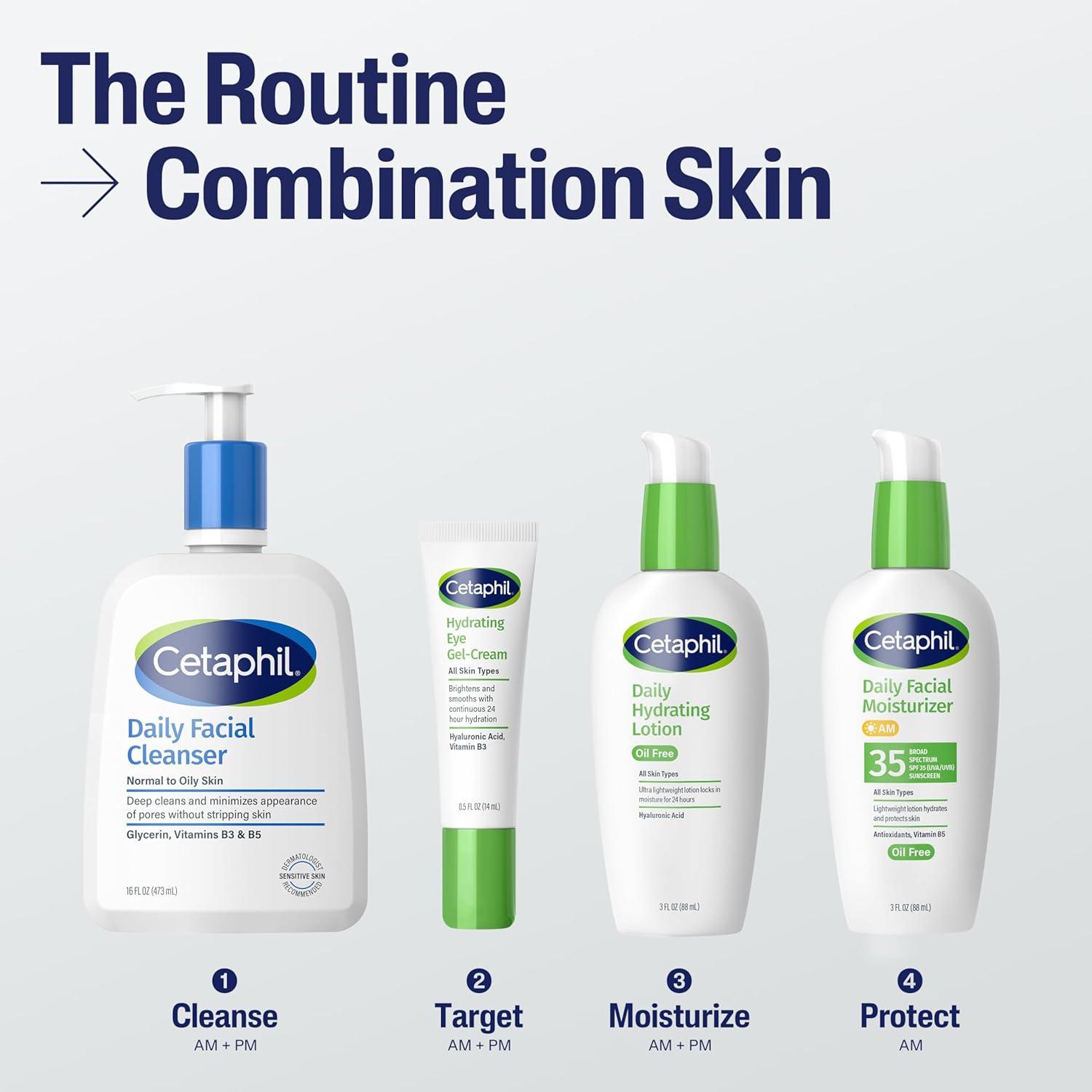 Cetaphil Daily Hydrating Lotion for Face, With Hyaluronic Acid, 3 fl oz, Lasting 24 Hour Hydration, for Combination Skin, No Added Fragrance, Non-Comedogenic