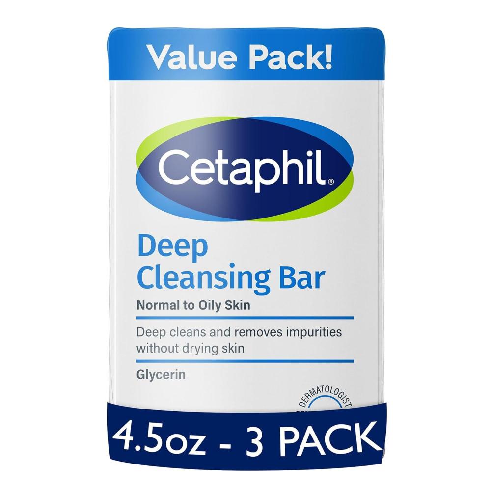 Cetaphil Bar Soap, Deep Cleansing Face and Body Bar, Pack of 3, For Dry to Normal, Sensitive Skin, Soap Free, Hypoallergenic, Paraben Free, Fragrance Free, Removes Makeup, Dirt and Oil(4.5 Ounce (Pack of 3))