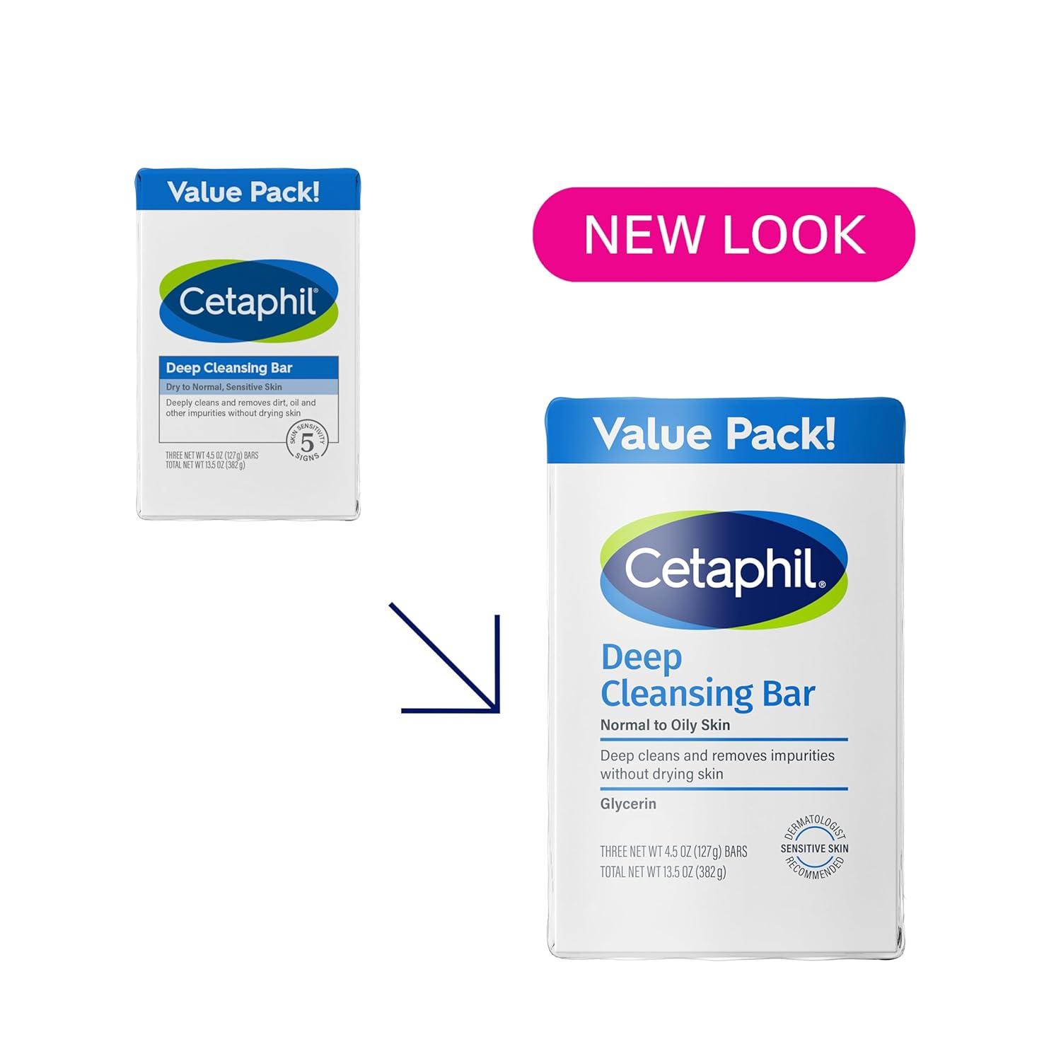 Cetaphil Bar Soap, Deep Cleansing Face and Body Bar, Pack of 3, For Dry to Normal, Sensitive Skin, Soap Free, Hypoallergenic, Paraben Free, Fragrance Free, Removes Makeup, Dirt and Oil(4.5 Ounce (Pack of 3))