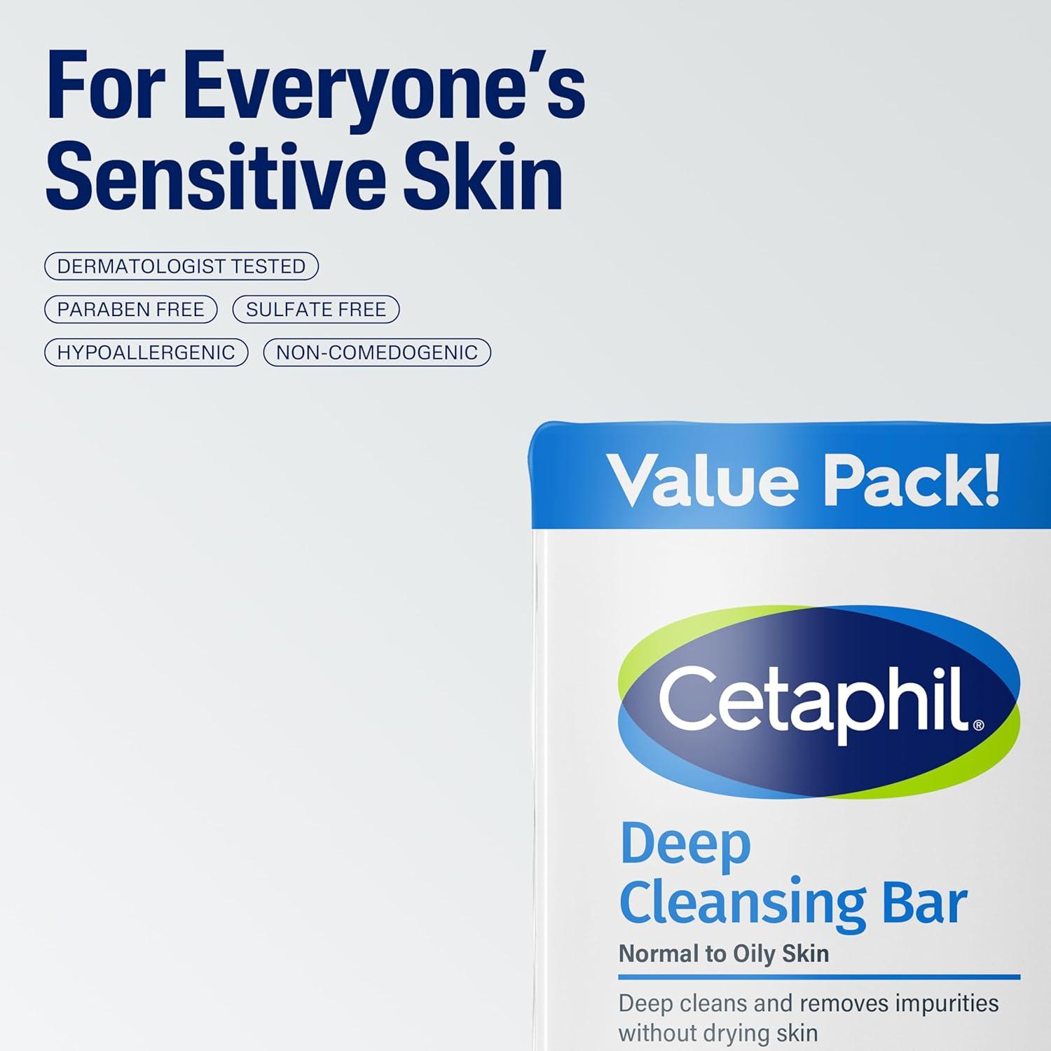 Cetaphil Bar Soap, Deep Cleansing Face and Body Bar, Pack of 3, For Dry to Normal, Sensitive Skin, Soap Free, Hypoallergenic, Paraben Free, Fragrance Free, Removes Makeup, Dirt and Oil(4.5 Ounce (Pack of 3))