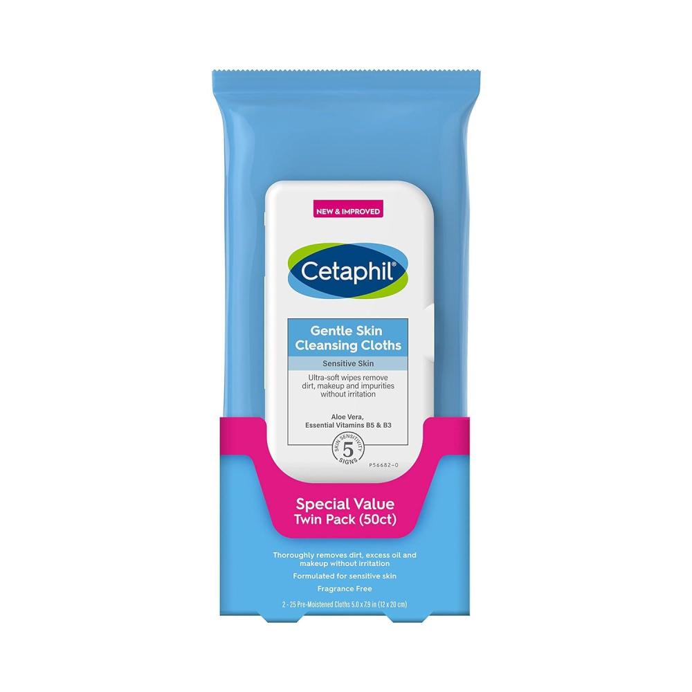 Cetaphil Face and Body Wipes, Gentle Skin Cleansing Cloths, 50 Count, Twin Pack, for Dry, Sensitive Skin, Flip Top Closure, Great for the Gym, Travel, in the Car, Hypoallergenic, Fragrance Free(OLD Face Wipes (Pack of 2))