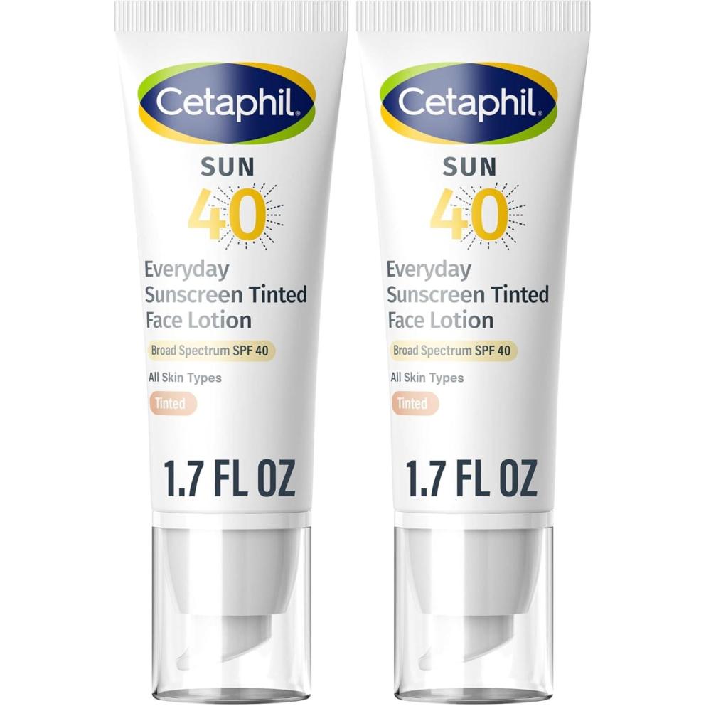 CETAPHIL Everyday Sunscreen Tinted Lotion for Face, 1.7 fl oz, 100% Mineral UVA/UVB Filters: Titanium Dioxide & Zinc Oxide, SPF 40, For Sensitive Skin(1.7 Fl Oz (Pack of 2))