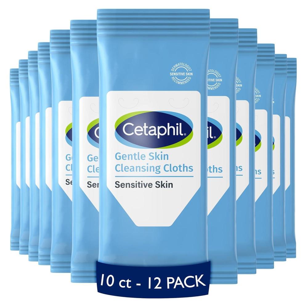 Cetaphil Face and Body Wipes, Gentle Skin Cleansing Cloths, 50 Count, Twin Pack, for Dry, Sensitive Skin, Flip Top Closure, Great for the Gym, Travel, in the Car, Hypoallergenic, Fragrance Free(10 Count (Pack of 12))