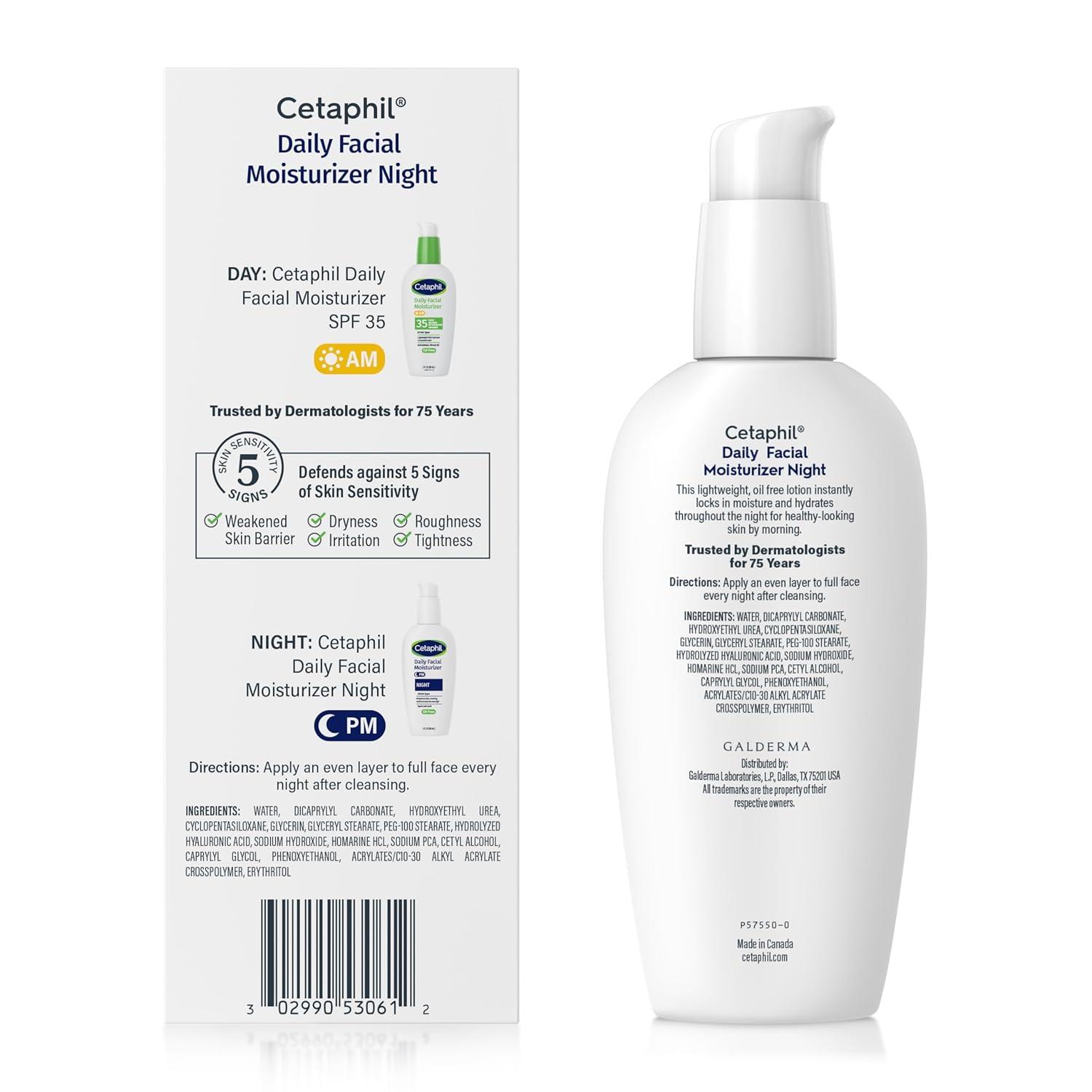 Cetaphil Night Moisturizer for Face, Hydrating Facial Moisturizer with Hyaluronic Acid, For All Skin Types, Lightweight and Non-Comedogenic, Dermatologist Recommended for Sensitive Skin, 3oz(3 Fl Oz (Pack of 1))