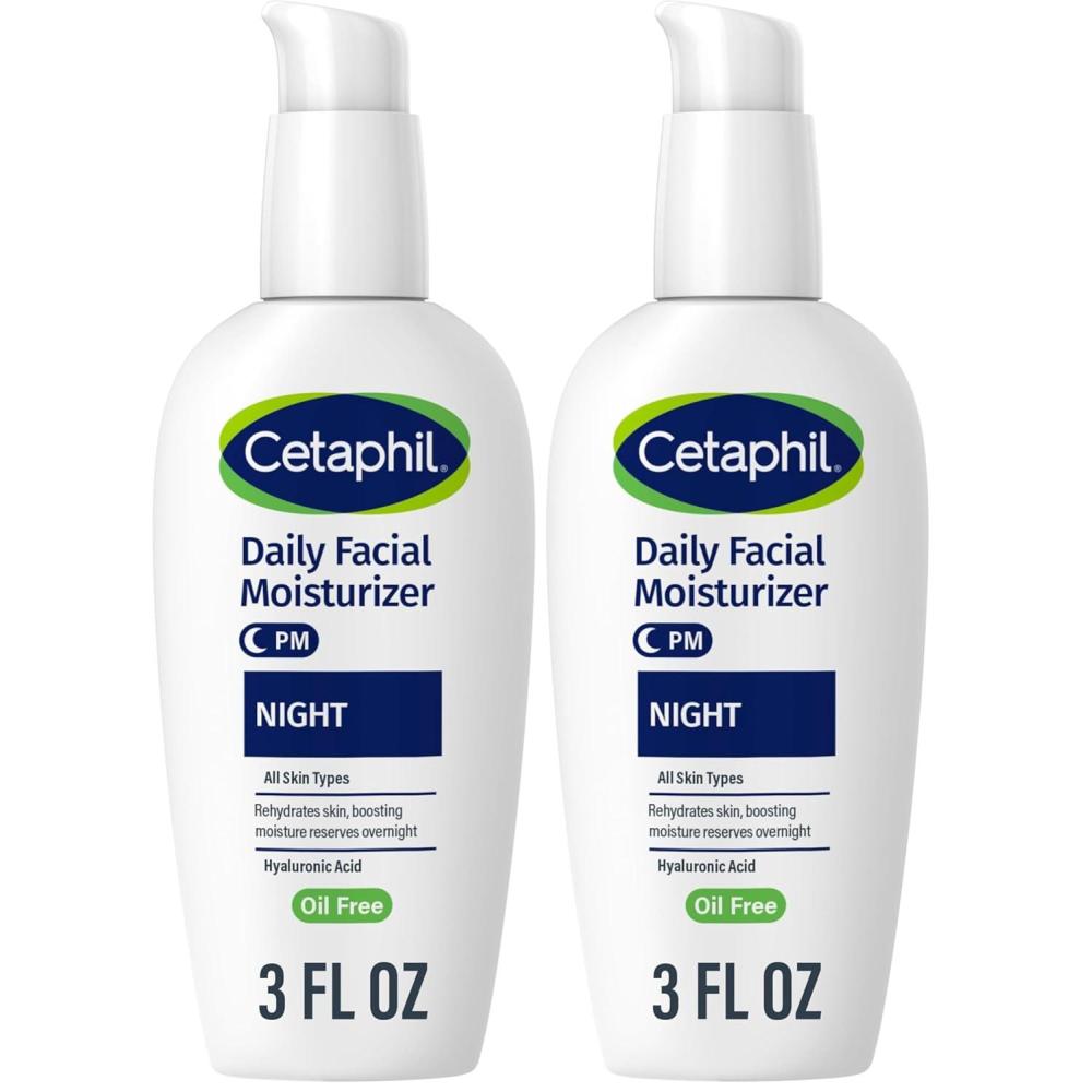 Cetaphil Night Moisturizer for Face, Hydrating Facial Moisturizer with Hyaluronic Acid, For All Skin Types, Lightweight and Non-Comedogenic, Dermatologist Recommended for Sensitive Skin, 3oz(3 Fl Oz (Pack of 2))