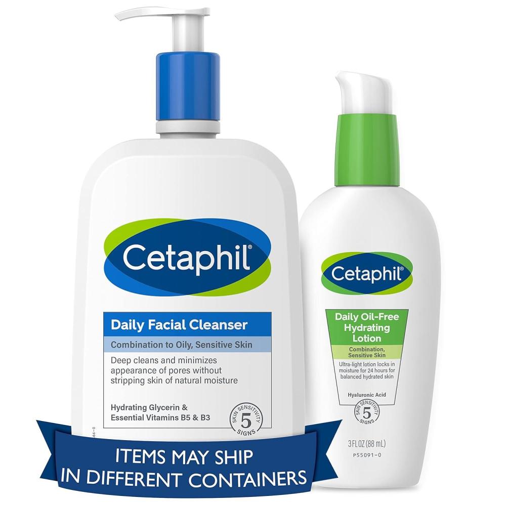 Cetaphil Bundle – Daily Facial Cleanser for Sensitive, Combination to Oily Skin NEW 20 oz and Daily Hydrating Lotion for Face, with Hyaluronic Acid, 3 oz, Mother’s Day Gifts
