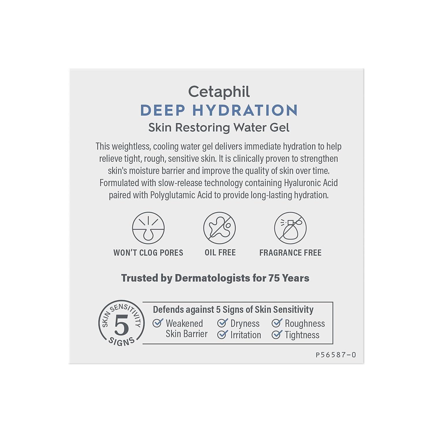 Cetaphil Deep Hydration Skin Restoring Water Gel with Hyaluronic and Polyglutamic Acid, Face Moisturizer, 72 Hour Hydration, For Dry, Dehydrated Sensitive Skin, Fragrance Free, 1.7 oz, Fragrance Free(1.7 Ounce (Pack of 2))