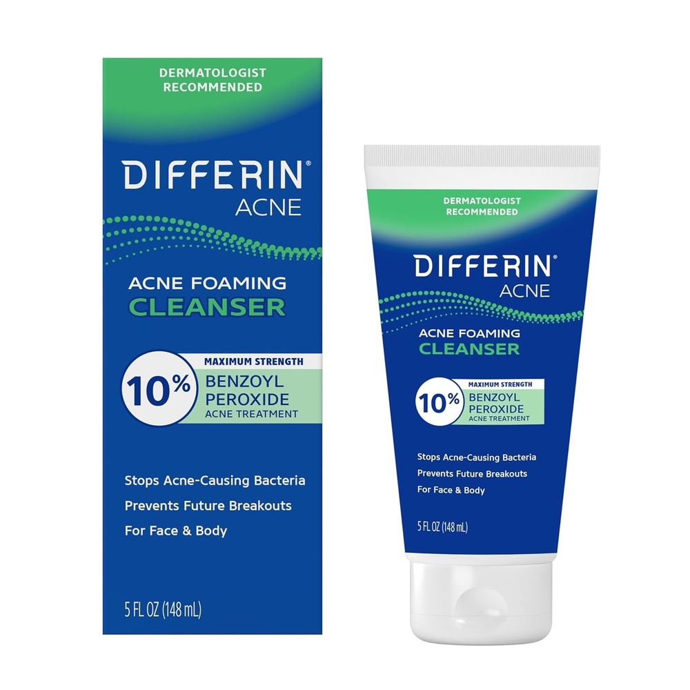 Differin Acne Face Wash with 10% Benzoyl Peroxide, Maximum Strength OTC Acne Foaming Cleanser, Fast Acting Acne Treatment for Face and Body, 5 oz.(NEW 5oz)