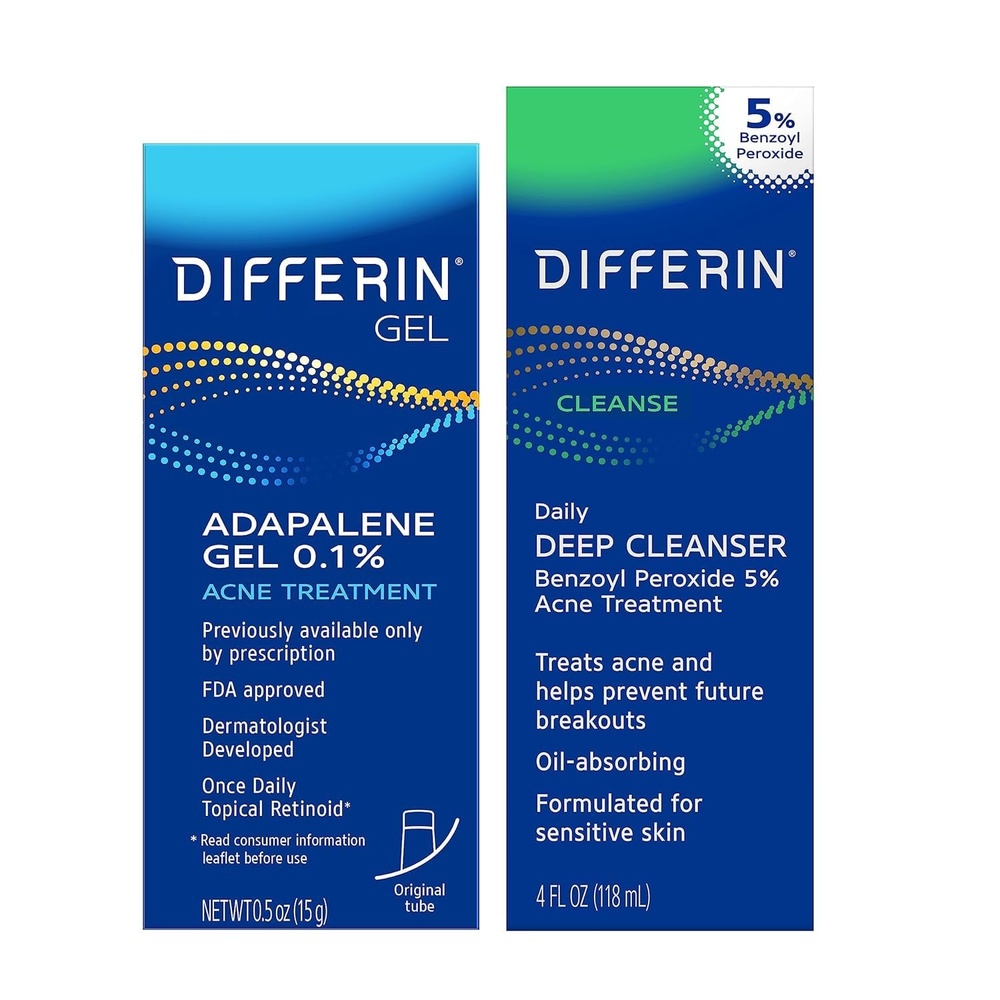 Differin Acne Skin Care Kit, Differin Gel Retinoid Acne Treatment for Face with 0.1% Adapalene & 5% Benzoyl Peroxide Face Wash & Body Wash, Designed for Pimple and Acne Prone Skin(2 Count (Pack of 1))
