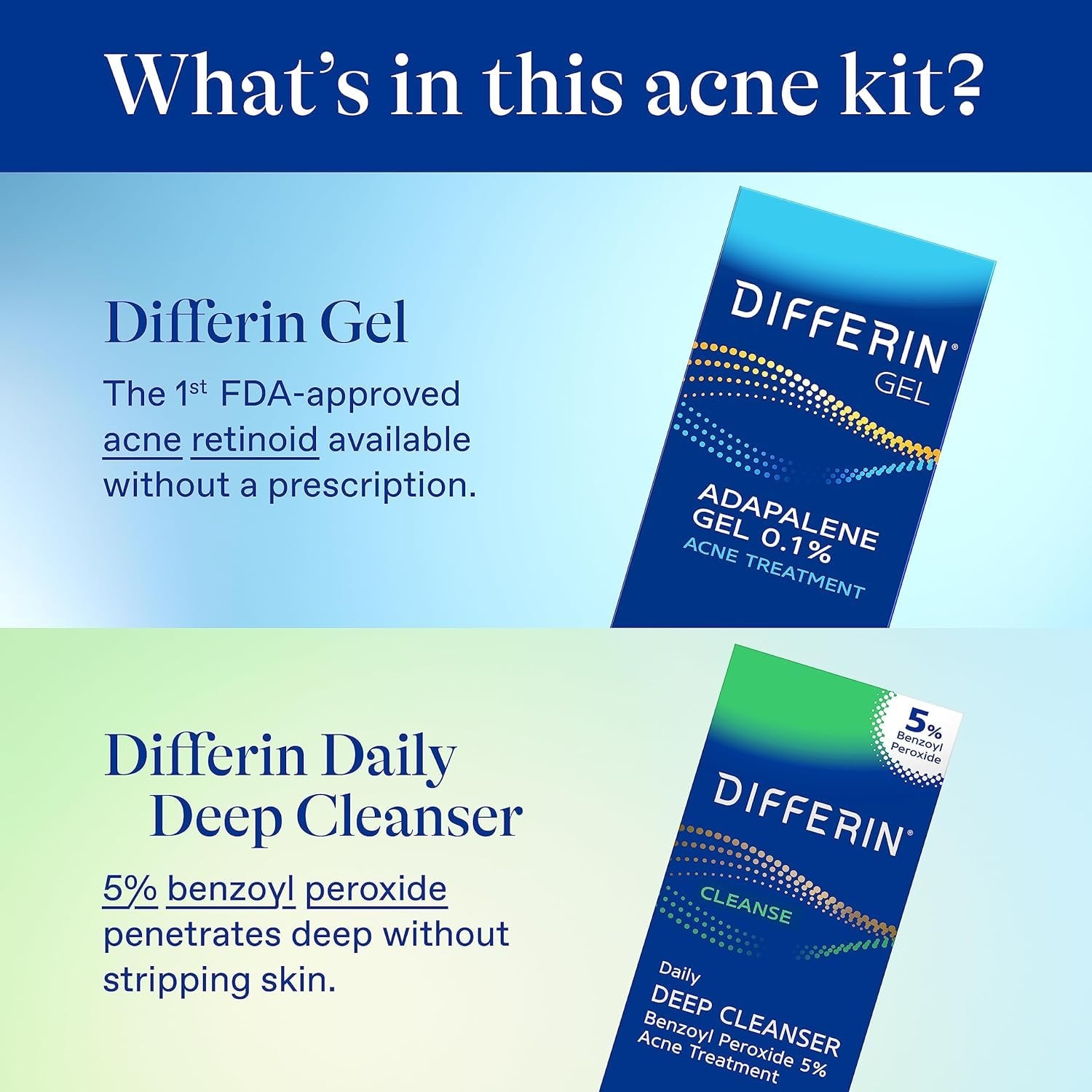 Differin Acne Skin Care Kit, Differin Gel Retinoid Acne Treatment for Face with 0.1% Adapalene & 5% Benzoyl Peroxide Face Wash & Body Wash, Designed for Pimple and Acne Prone Skin(2 Count (Pack of 1))
