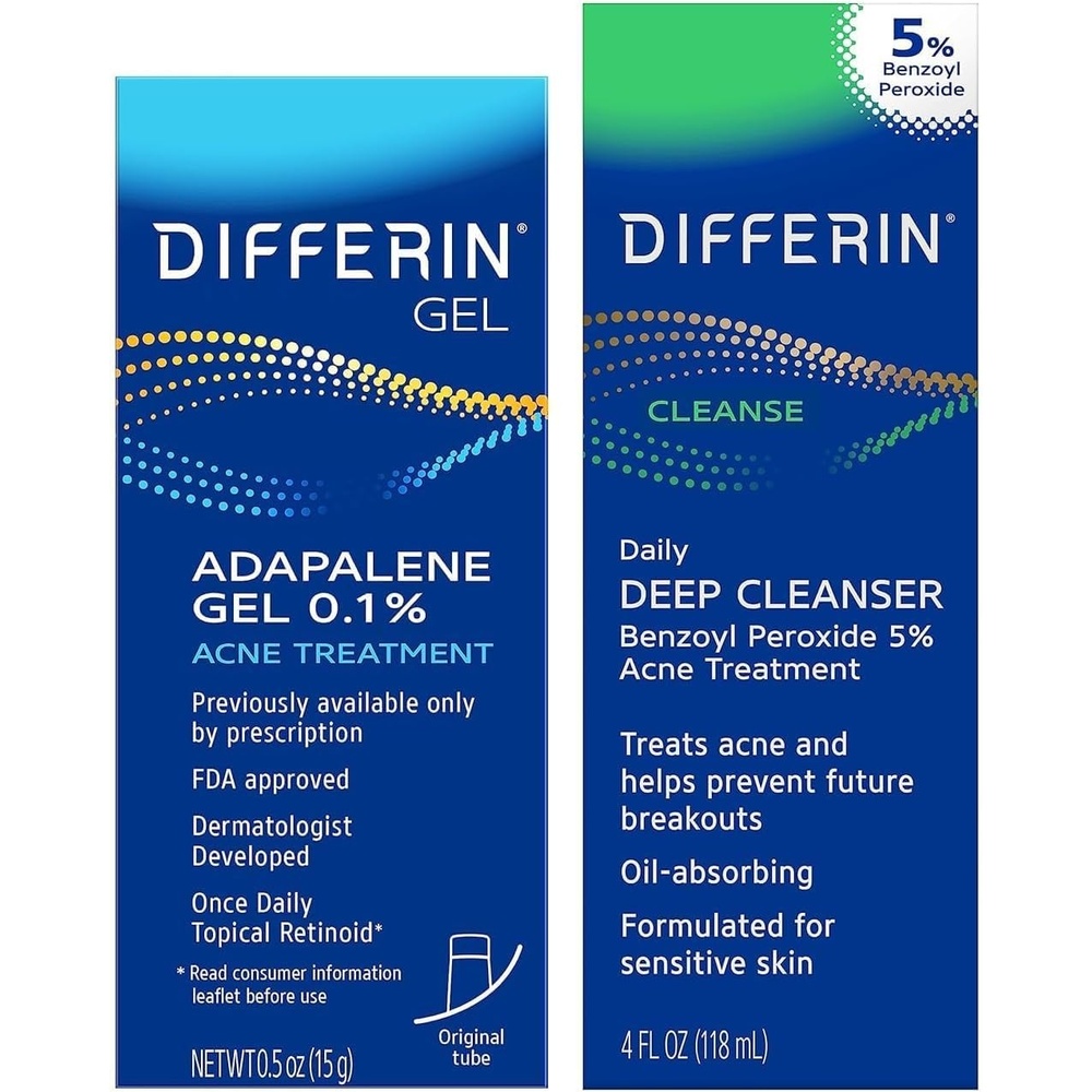 Differin Acne Skin Care Kit, Differin Gel Retinoid Acne Treatment for Face with 0.1% Adapalene & 5% Benzoyl Peroxide Face Wash & Body Wash, Designed for Pimple and Acne Prone Skin(2 Count (Pack of 10))