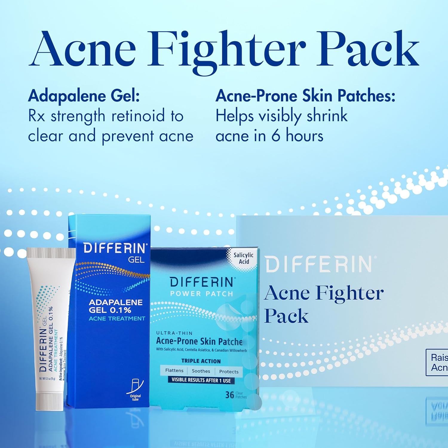 Differin Acne Fighter Pack, Differin Gel Retinoid Acne Treatment For Face with 0.1% Adapalene, 15g Tube + Salicylic Acid Pimple Patches, 36 Count, Designed for Pimple and Acne-Prone Skin