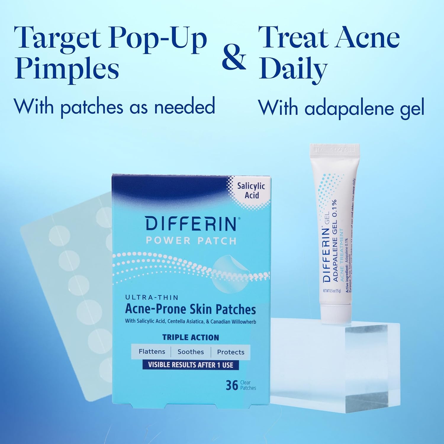 Differin Acne Fighter Pack, Differin Gel Retinoid Acne Treatment For Face with 0.1% Adapalene, 15g Tube + Salicylic Acid Pimple Patches, 36 Count, Designed for Pimple and Acne-Prone Skin